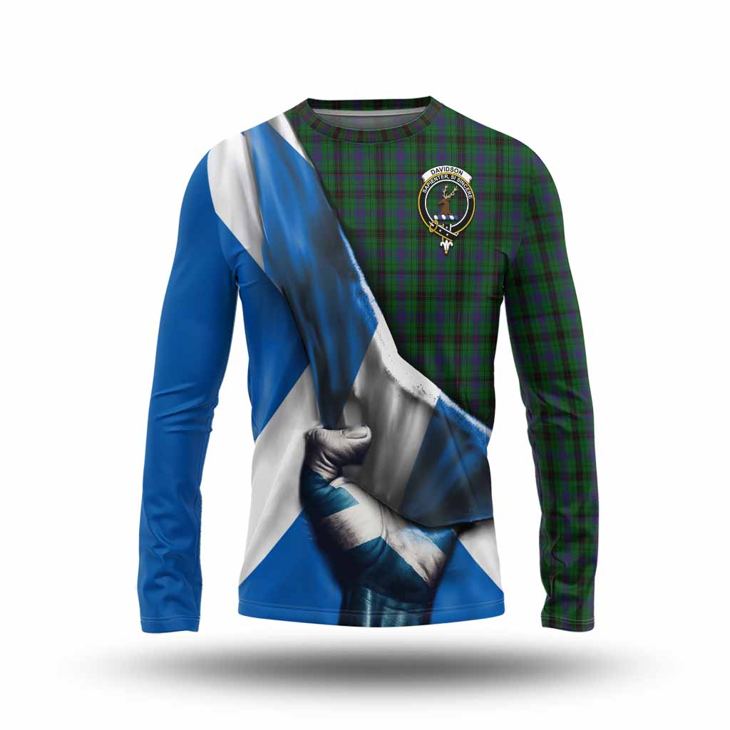Tartan Vibes Clothing Davidson Tartan Long Sleeve T-Shirt with Family Crest Scotland Patriotic Style