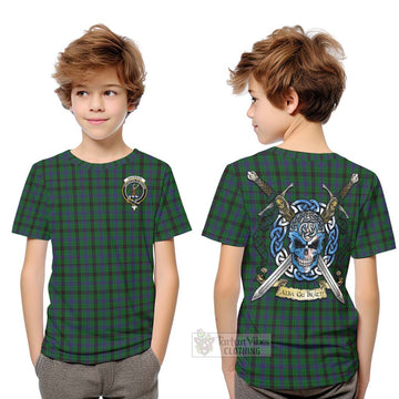 Davidson Tartan Kid T-Shirt with Family Crest Celtic Skull Style