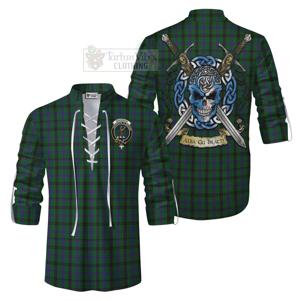 Tartan Vibes Clothing Davidson Tartan Ghillie Kilt Shirt with Family Crest Celtic Skull Style