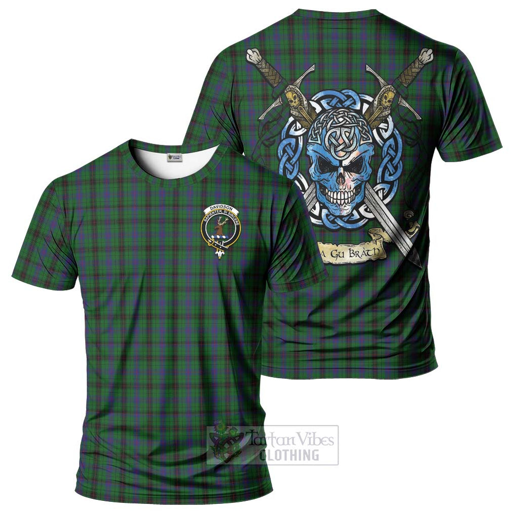 Tartan Vibes Clothing Davidson Tartan T-Shirt with Family Crest Celtic Skull Style
