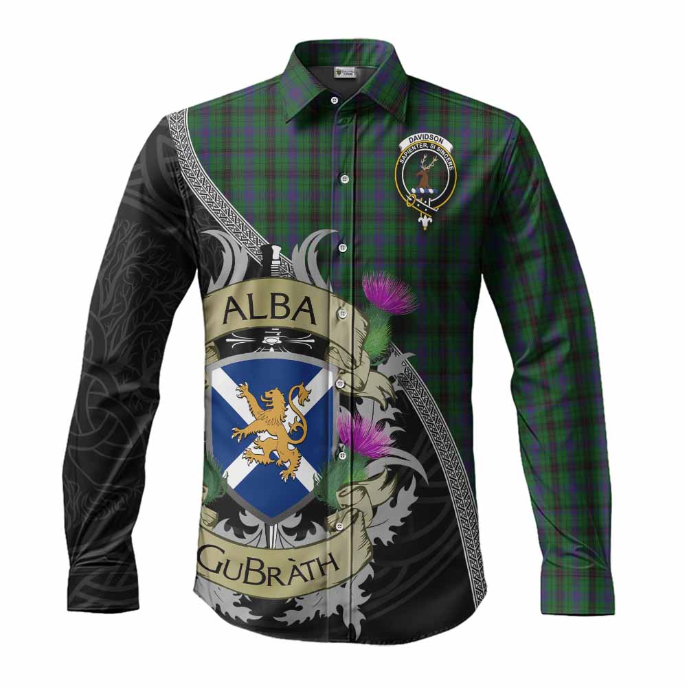 Tartan Vibes Clothing Davidson Tartan Family Crest Long Sleeve Button Shirt Lion Rampant Royal Thistle Shield Celtic Inspired
