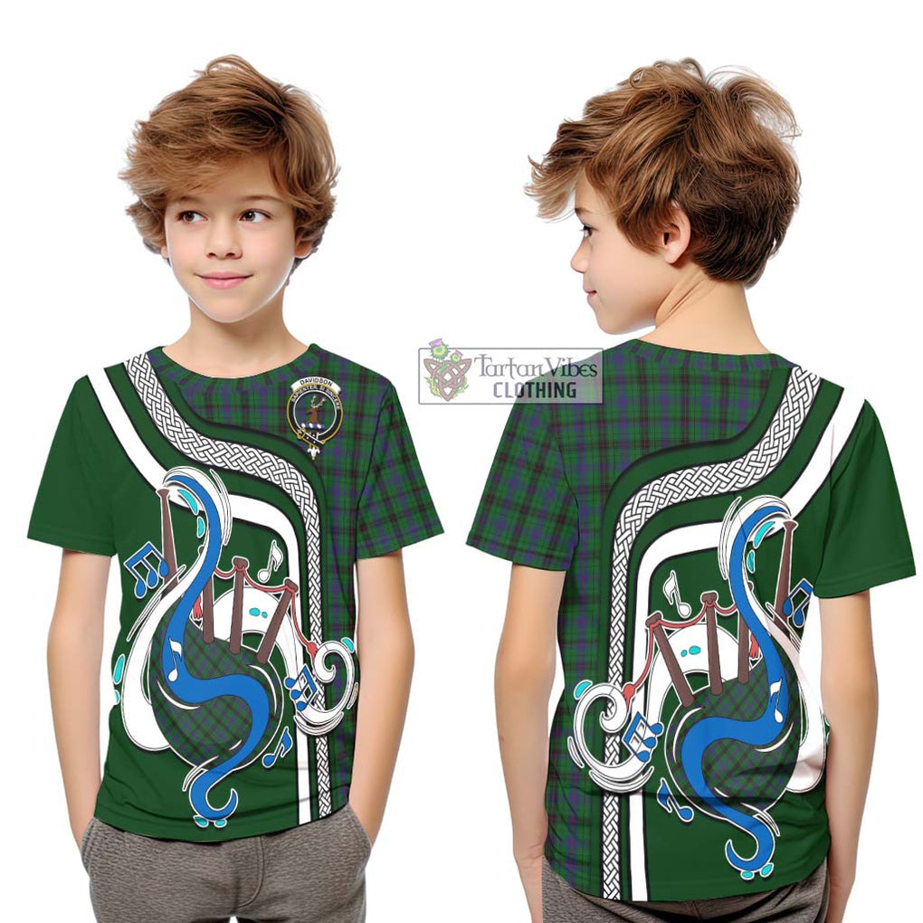 Tartan Vibes Clothing Davidson Tartan Kid T-Shirt with Epic Bagpipe Style
