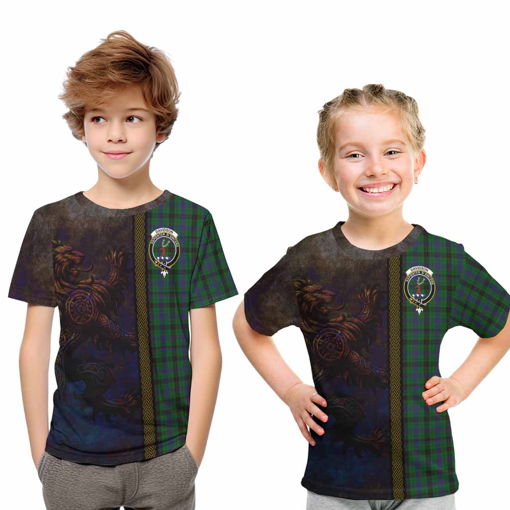 Tartan Vibes Clothing Davidson Tartan Family Crest Kid T-Shirt Alba Gu Brath Be Brave Lion Ancient Style
