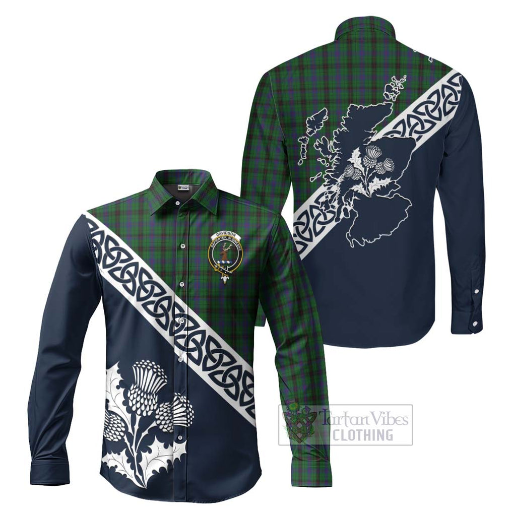 Tartan Vibes Clothing Davidson Tartan Long Sleeve Button Shirt Featuring Thistle and Scotland Map