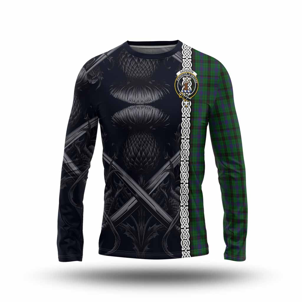 Tartan Vibes Clothing Davidson Tartan Long Sleeve T-Shirt with Family Crest Cross Sword Thistle Celtic Vibes