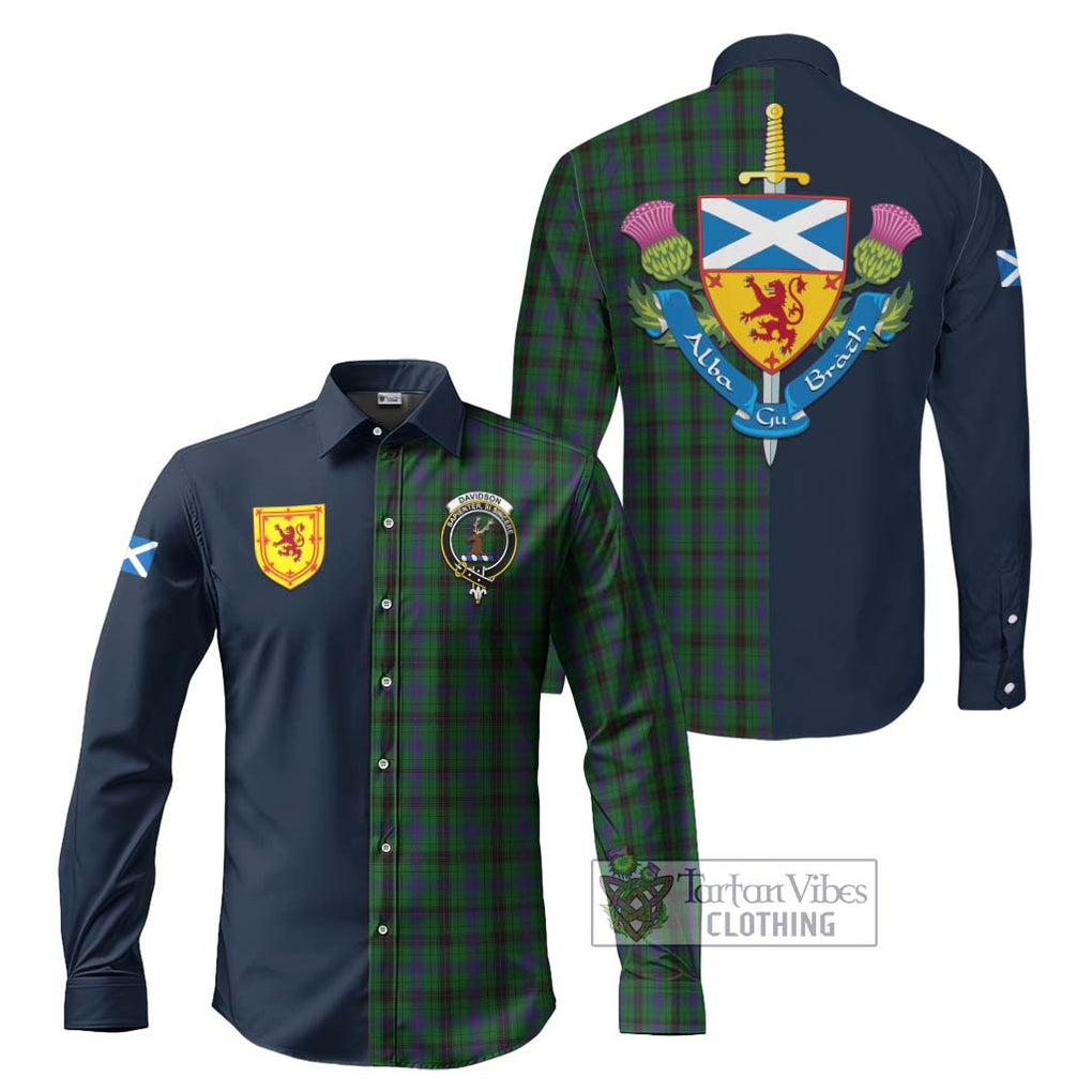 Tartan Vibes Clothing Davidson Tartan Long Sleeve Button Shirt with Scottish Lion Royal Arm Half Style