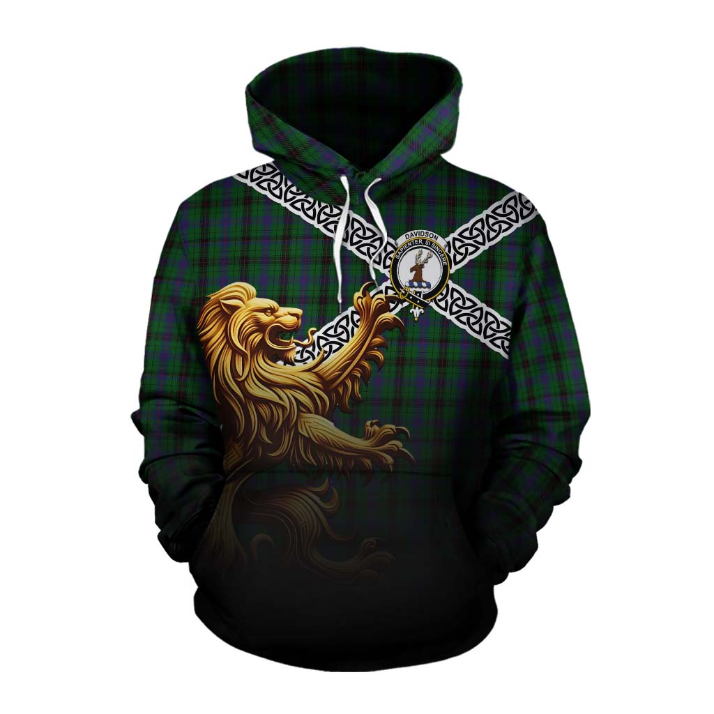 Tartan Vibes Clothing Davidson Crest Tartan Cotton Hoodie with Golden Lion Emblem Celtic Style