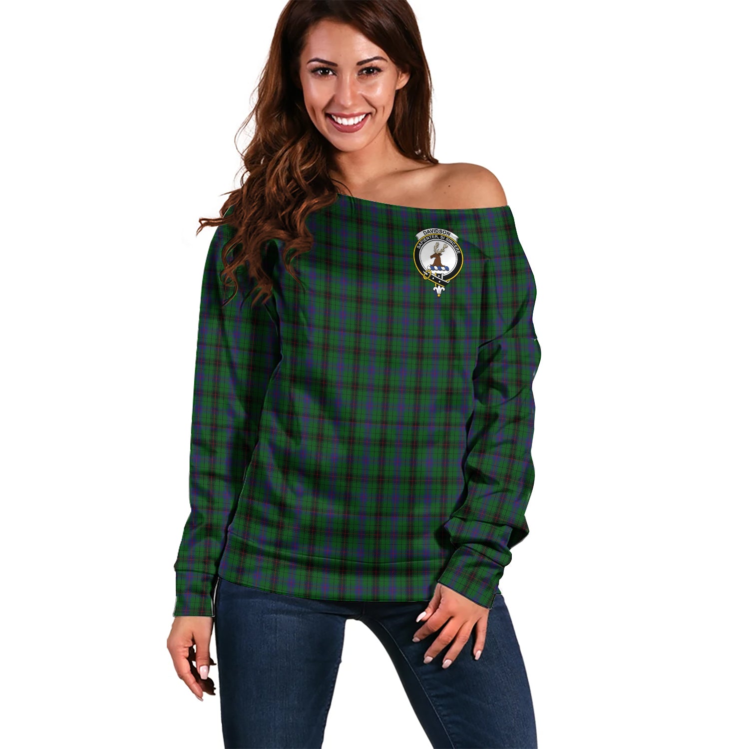 Davidson Tartan Off Shoulder Women Sweater with Family Crest Women - Tartanvibesclothing