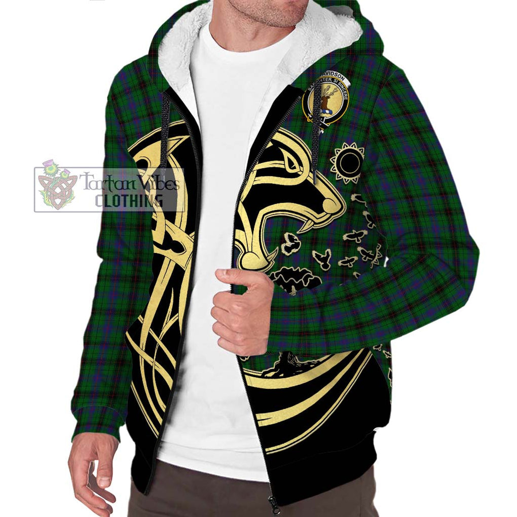 Davidson Tartan Sherpa Hoodie with Family Crest Celtic Wolf Style Unisex S - Tartan Vibes Clothing