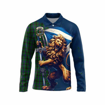 Tartan Vibes Clothing Davidson Tartan Family Crest Long Sleeve Polo Shirt with Scottish Majestic Lion