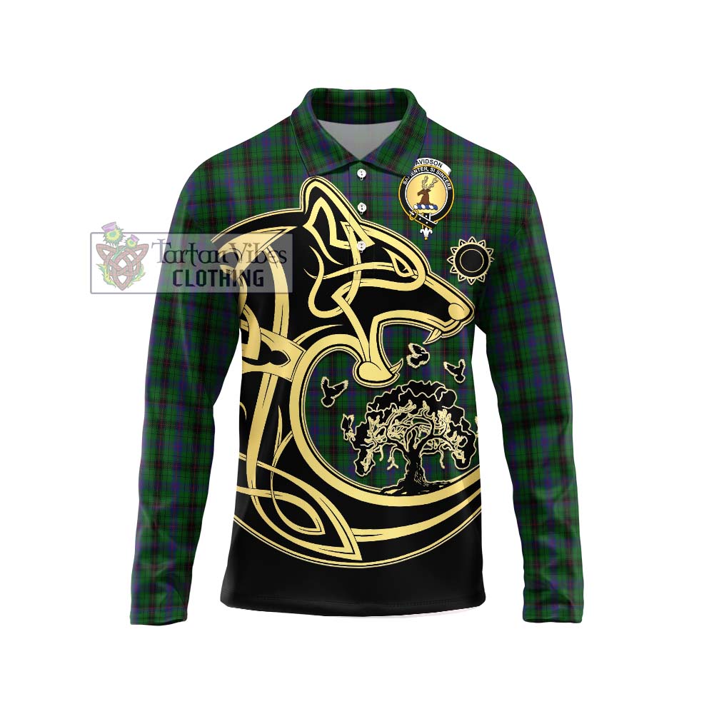 Davidson Tartan Long Sleeve Polo Shirt with Family Crest Celtic Wolf Style Unisex - Tartanvibesclothing Shop