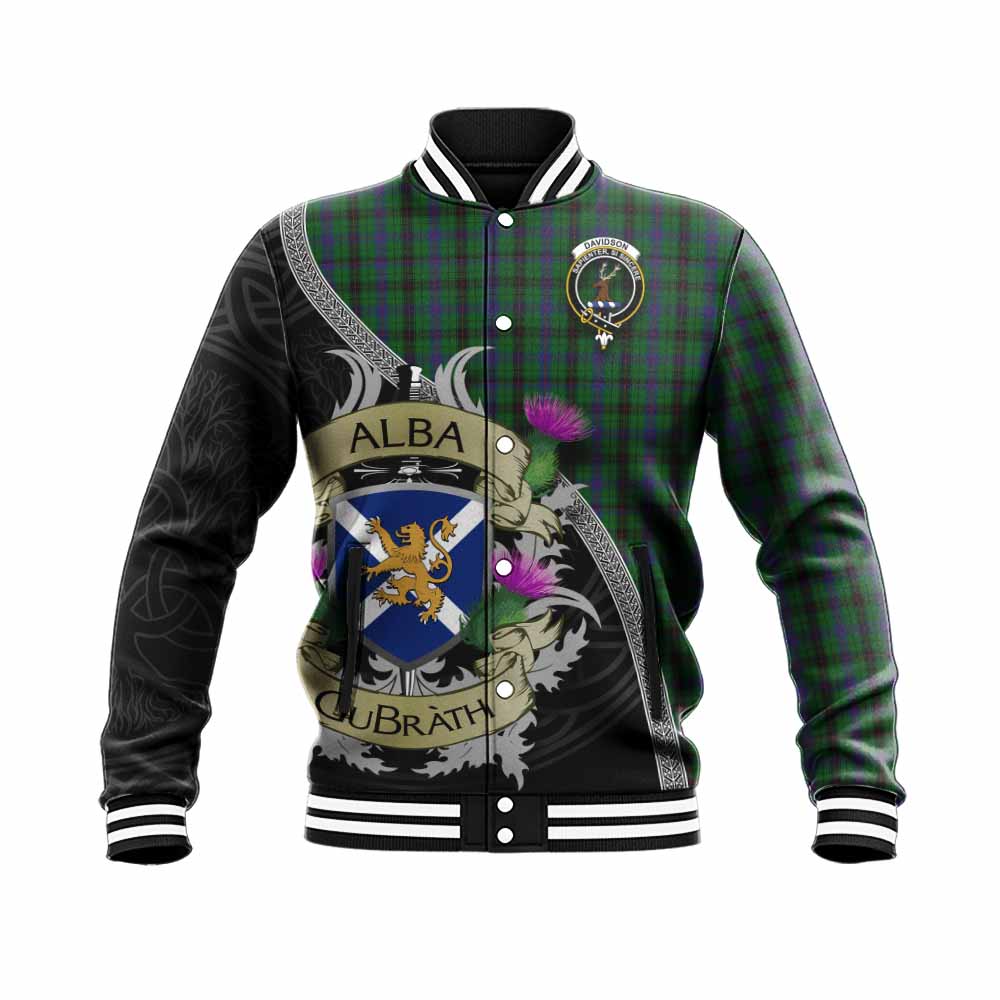 Tartan Vibes Clothing Davidson Tartan Family Crest Baseball Jacket Lion Rampant Royal Thistle Shield Celtic Inspired