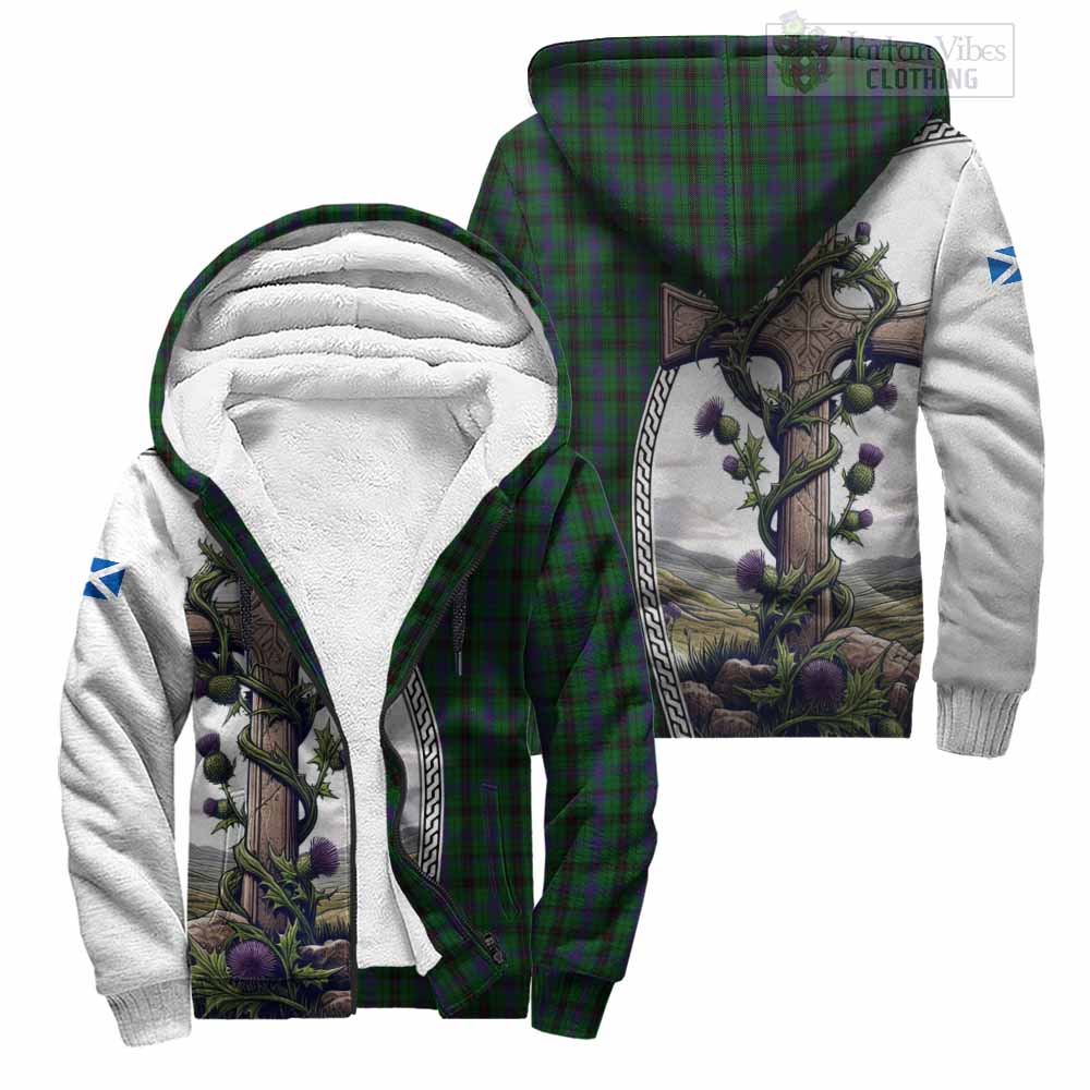 Tartan Vibes Clothing Davidson Tartan Sherpa Hoodie with Family Crest and St. Andrew's Cross Accented by Thistle Vines