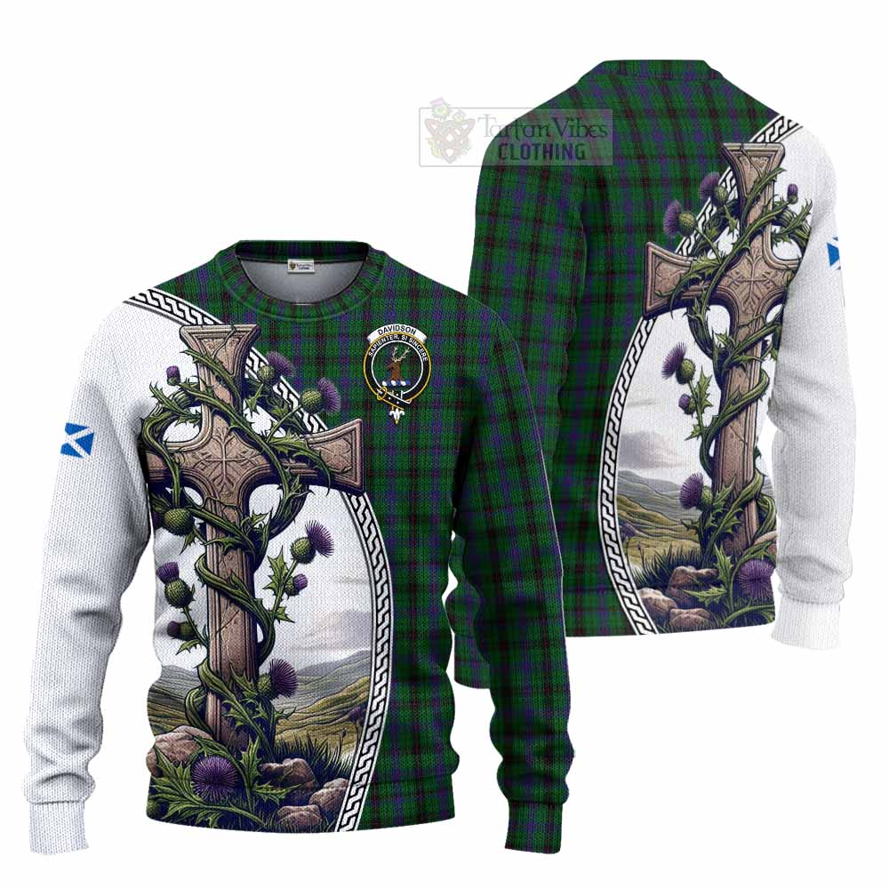 Tartan Vibes Clothing Davidson Tartan Knitted Sweater with Family Crest and St. Andrew's Cross Accented by Thistle Vines