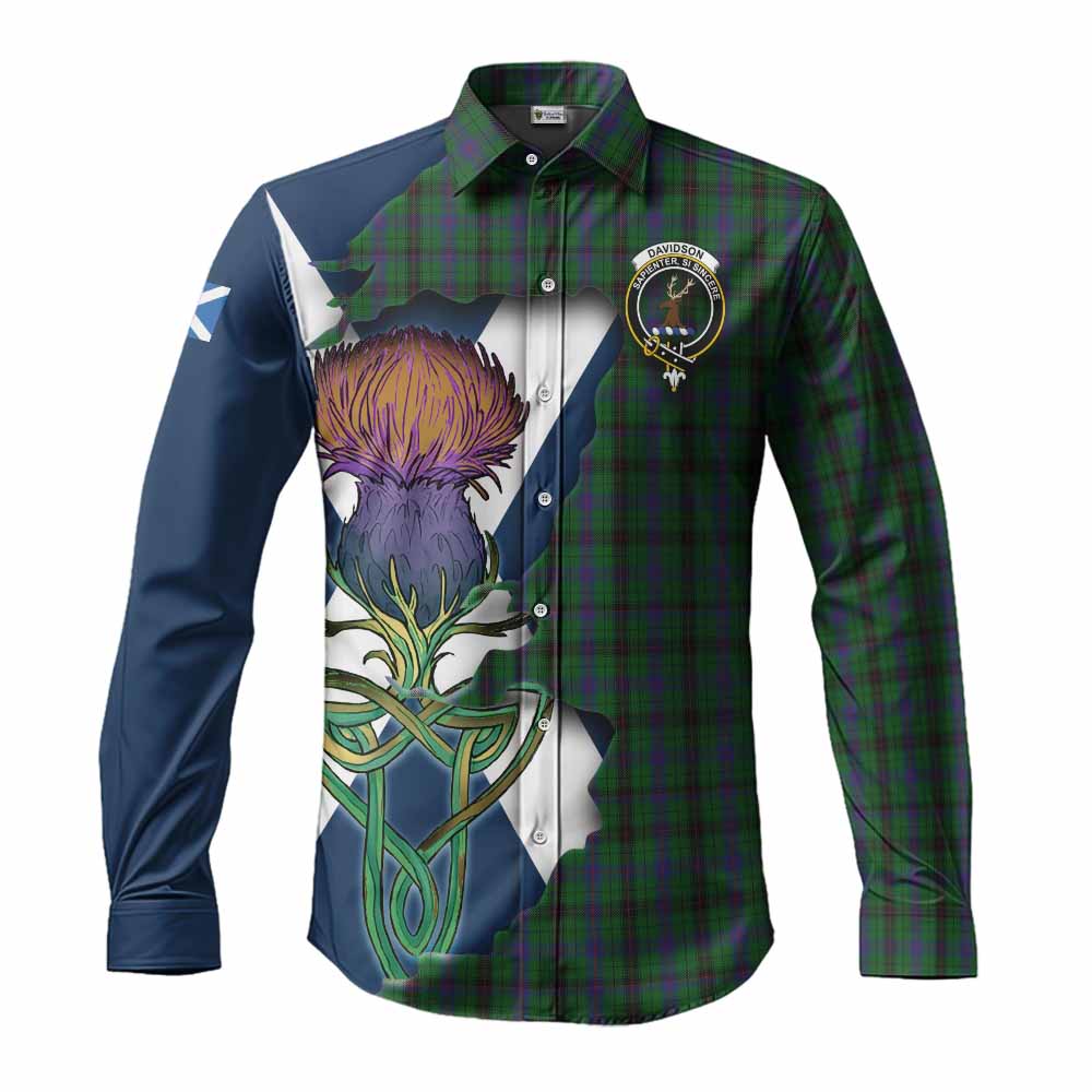Tartan Vibes Clothing Davidson Tartan Family Crest Long Sleeve Button Shirt Scottish Thistle Celtic Inspired
