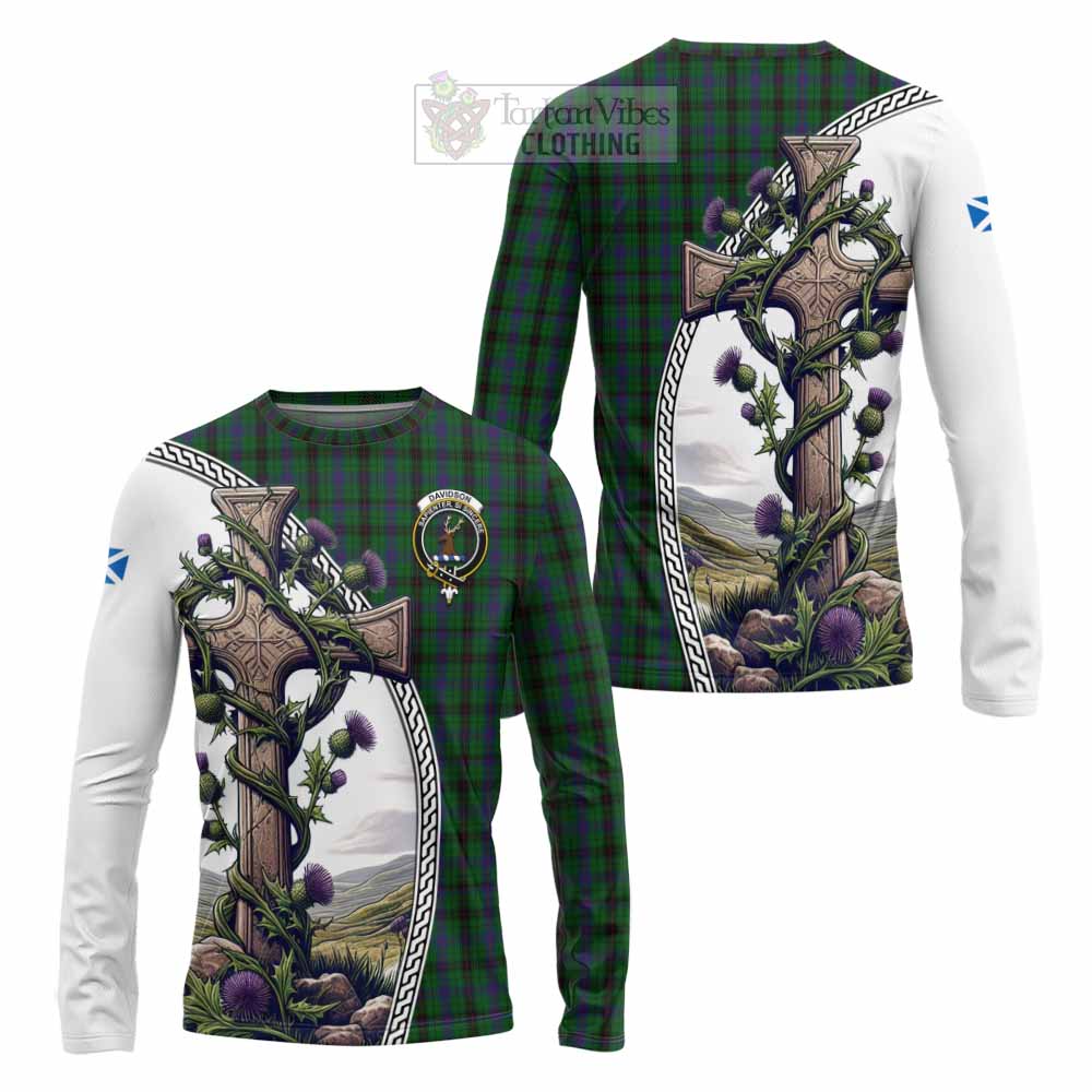 Tartan Vibes Clothing Davidson Tartan Long Sleeve T-Shirt with Family Crest and St. Andrew's Cross Accented by Thistle Vines