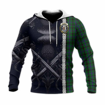 Davidson Tartan Knitted Hoodie with Family Crest Cross Sword Thistle Celtic Vibes
