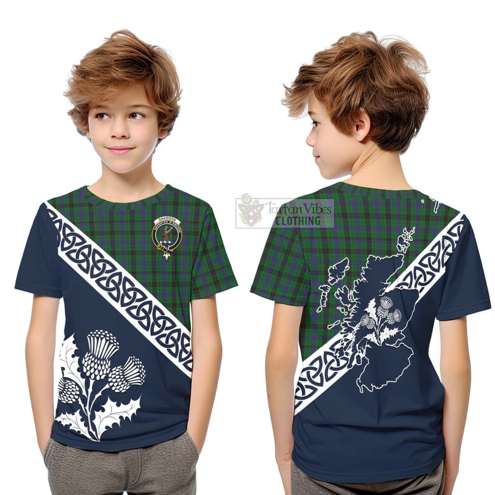 Tartan Vibes Clothing Davidson Tartan Kid T-Shirt Featuring Thistle and Scotland Map