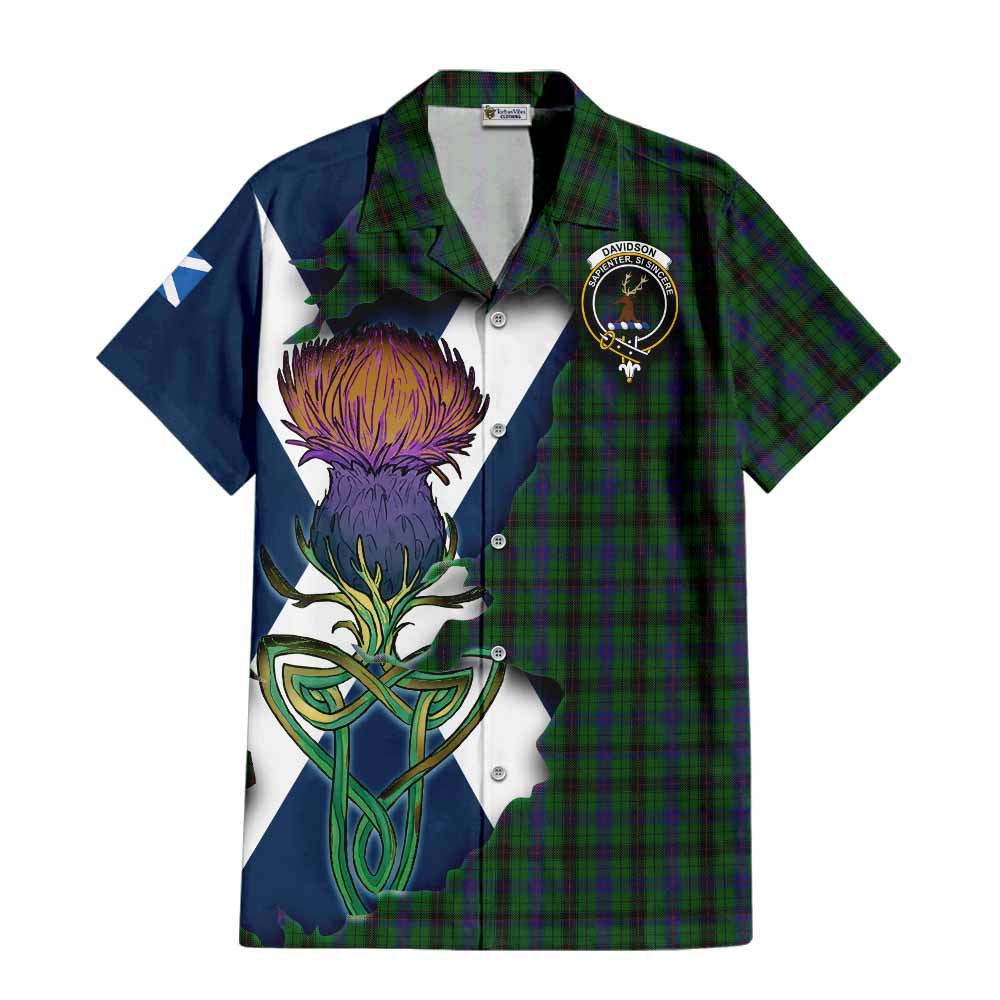 Tartan Vibes Clothing Davidson Tartan Family Crest Short Sleeve Button Shirt Scottish Thistle Celtic Inspired