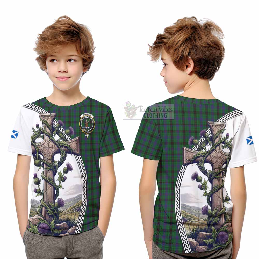 Tartan Vibes Clothing Davidson Tartan Kid T-Shirt with Family Crest and St. Andrew's Cross Accented by Thistle Vines