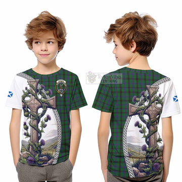 Tartan Vibes Clothing Davidson Tartan Kid T-Shirt with Family Crest and St. Andrew's Cross Accented by Thistle Vines