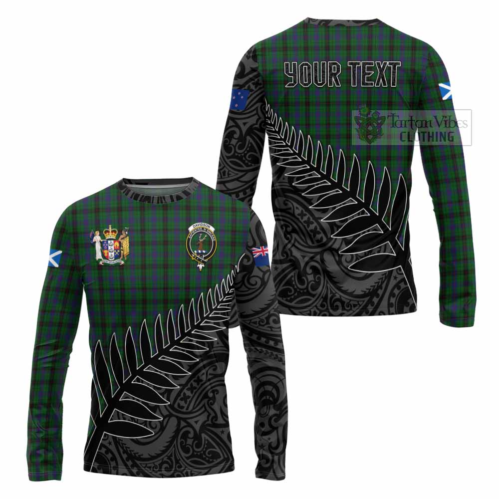 Tartan Vibes Clothing Davidson Crest Tartan Long Sleeve T-Shirt with New Zealand Silver Fern Half Style