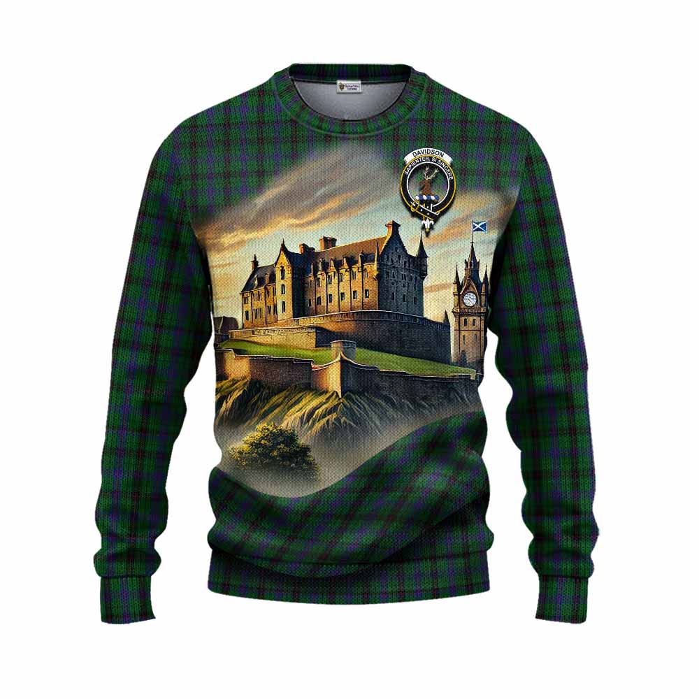 Tartan Vibes Clothing Davidson Tartan Family Crest Knitted Sweater with Scottish Ancient Castle Style