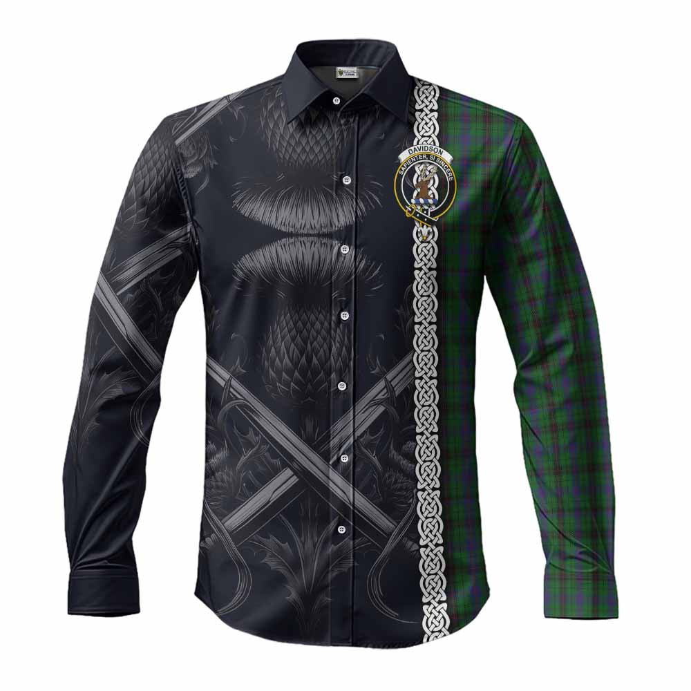 Tartan Vibes Clothing Davidson Tartan Long Sleeve Button Shirt with Family Crest Cross Sword Thistle Celtic Vibes
