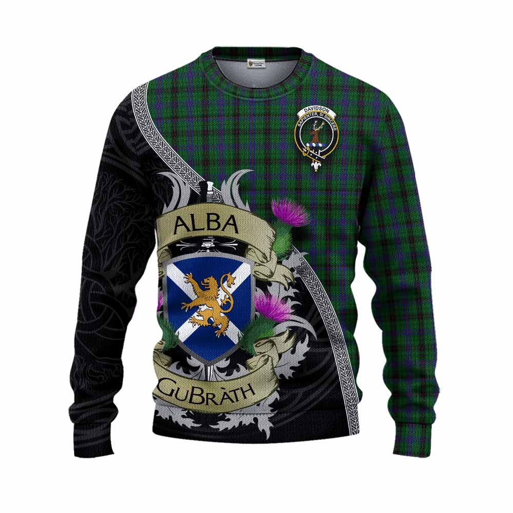 Tartan Vibes Clothing Davidson Tartan Family Crest Knitted Sweater Lion Rampant Royal Thistle Shield Celtic Inspired