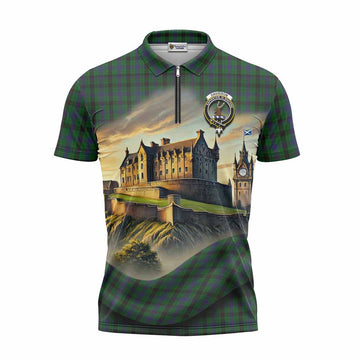 Tartan Vibes Clothing Davidson Tartan Family Crest Zipper Polo Shirt with Scottish Ancient Castle Stype