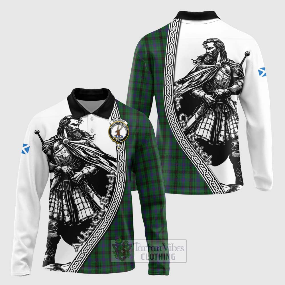 Tartan Vibes Clothing Davidson Tartan Clan Crest Long Sleeve Polo Shirt with Highlander Warrior Celtic Style