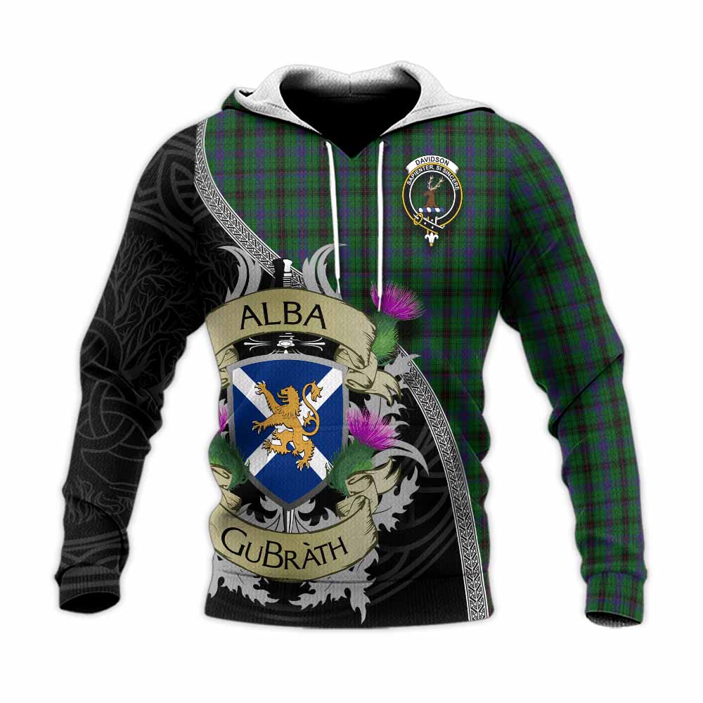 Tartan Vibes Clothing Davidson Tartan Family Crest Knitted Hoodie Lion Rampant Royal Thistle Shield Celtic Inspired