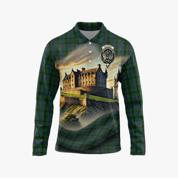 Tartan Vibes Clothing Davidson Tartan Family Crest Long Sleeve Polo Shirt with Scottish Ancient Castle Style