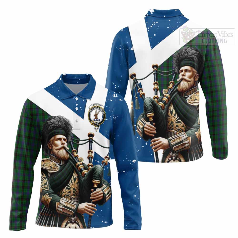 Tartan Vibes Clothing Davidson Tartan Long Sleeve Polo Shirt with Family Crest Scottish Bagpiper Vibes