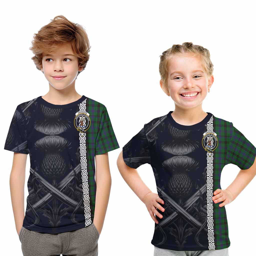 Tartan Vibes Clothing Davidson Tartan Kid T-Shirt with Family Crest Cross Sword Thistle Celtic Vibes
