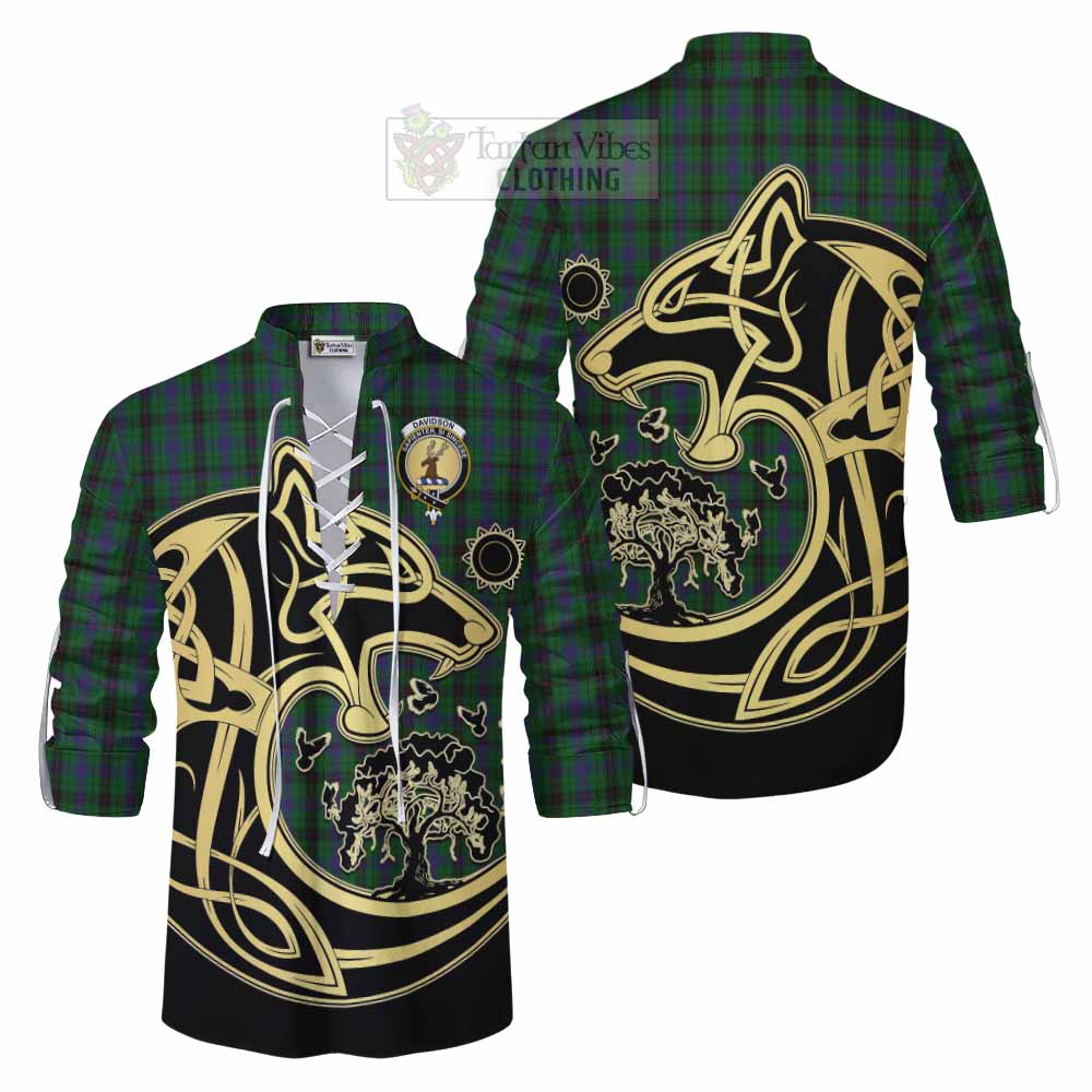 Tartan Vibes Clothing Davidson Tartan Ghillie Kilt Shirt with Family Crest Celtic Wolf Style