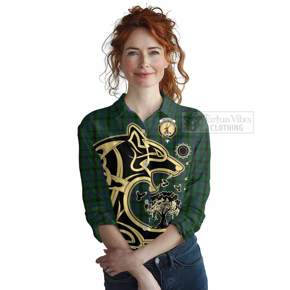 Tartan Vibes Clothing Davidson Tartan Women's Casual Shirt with Family Crest Celtic Wolf Style
