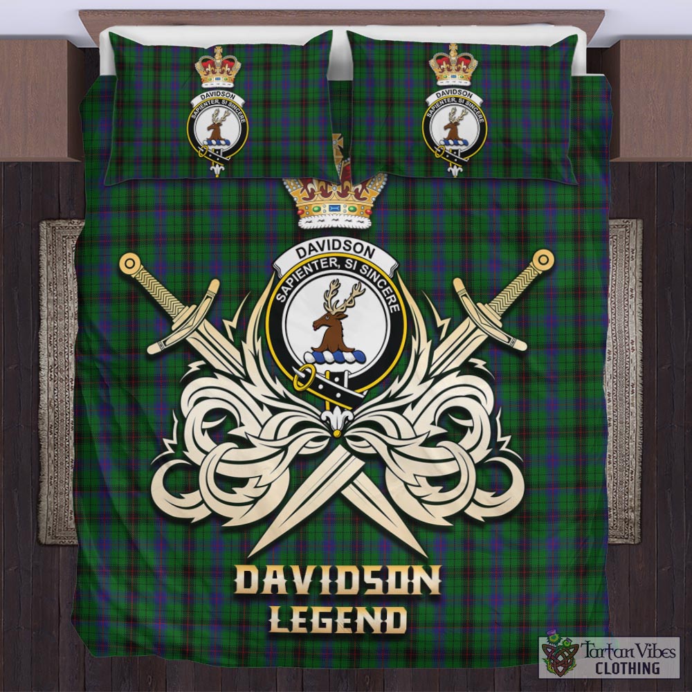 Tartan Vibes Clothing Davidson Tartan Bedding Set with Clan Crest and the Golden Sword of Courageous Legacy