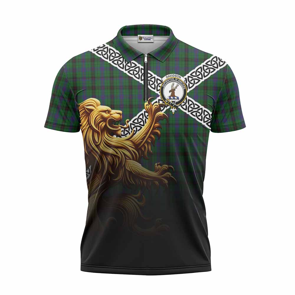 Tartan Vibes Clothing Davidson Crest Tartan Zipper Polo Shirt with Golden Lion Emblem Celtic Style