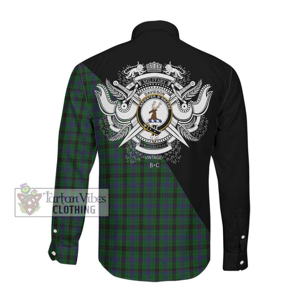 Davidson Tartan Long Sleeve Button Shirt with Family Crest and Military Logo Style Men's Shirt - Tartan Vibes Clothing