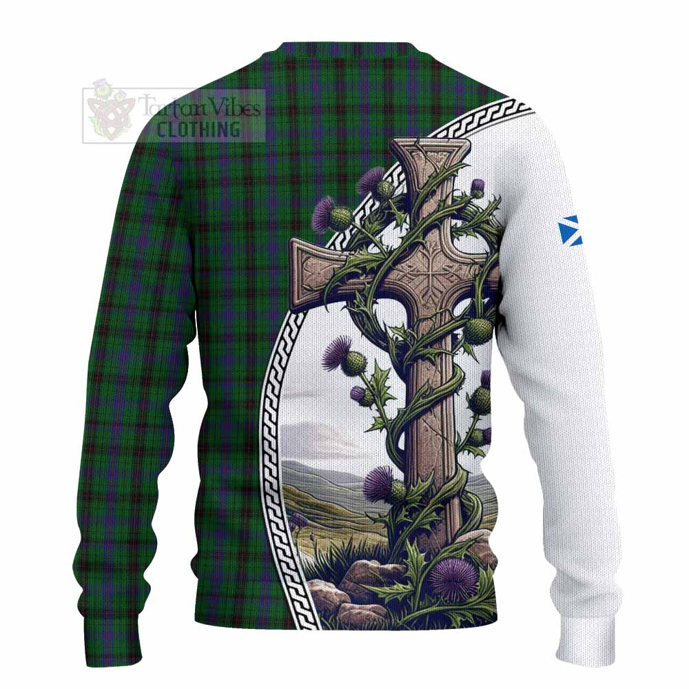 Tartan Vibes Clothing Davidson Tartan Knitted Sweater with Family Crest and St. Andrew's Cross Accented by Thistle Vines