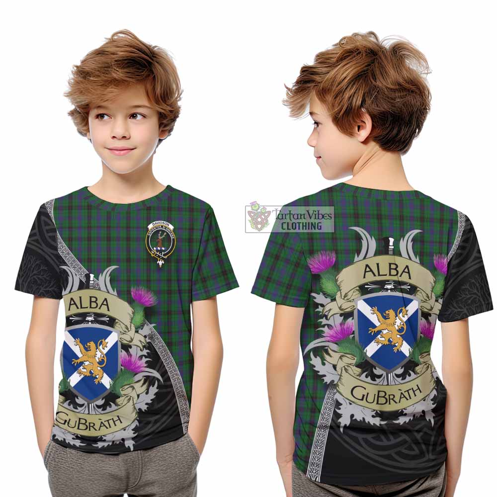 Tartan Vibes Clothing Davidson Tartan Family Crest Kid T-Shirt Lion Rampant Royal Thistle Shield Celtic Inspired