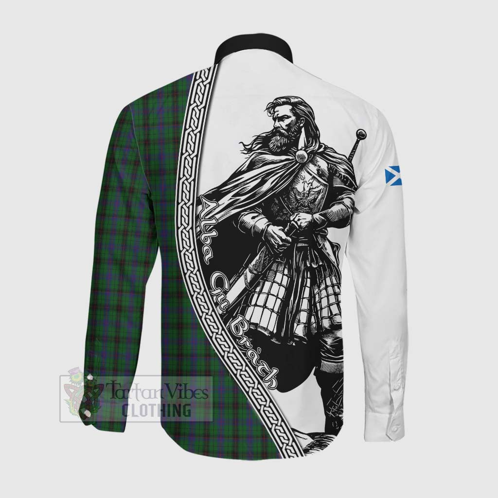 Tartan Vibes Clothing Davidson Tartan Clan Crest Long Sleeve Button Shirt with Highlander Warrior Celtic Style
