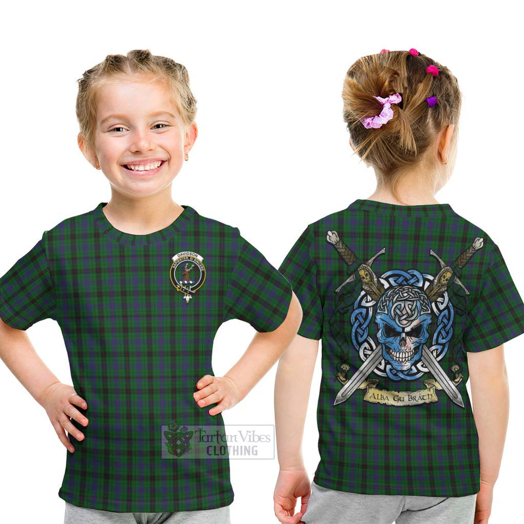 Tartan Vibes Clothing Davidson Tartan Kid T-Shirt with Family Crest Celtic Skull Style