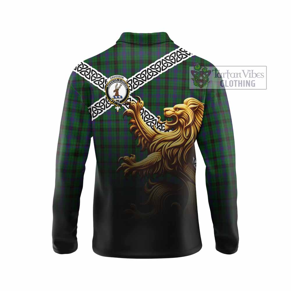 Davidson Crest Tartan Long Sleeve Polo Shirt with Golden Lion Emblem Celtic Style - Tartan Vibes Clothing