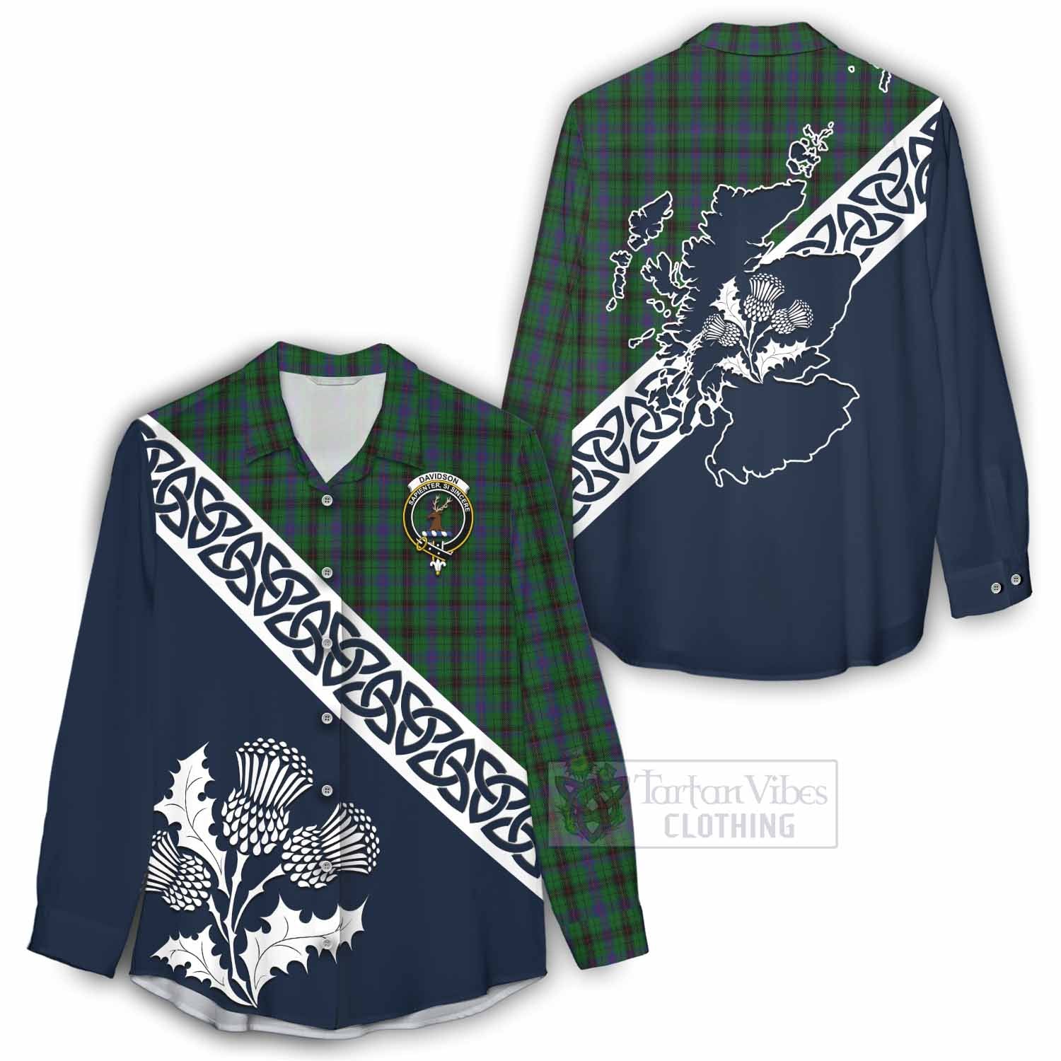 Tartan Vibes Clothing Davidson Tartan Women's Casual Shirt Featuring Thistle and Scotland Map