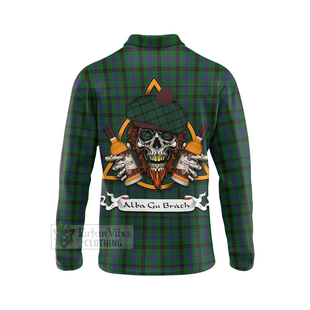 Tartan Vibes Clothing Davidson Tartan Long Sleeve Polo Shirt with Family Crest and Bearded Skull Holding Bottles of Whiskey