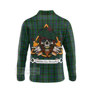 Tartan Vibes Clothing Davidson Tartan Long Sleeve Polo Shirt with Family Crest and Bearded Skull Holding Bottles of Whiskey