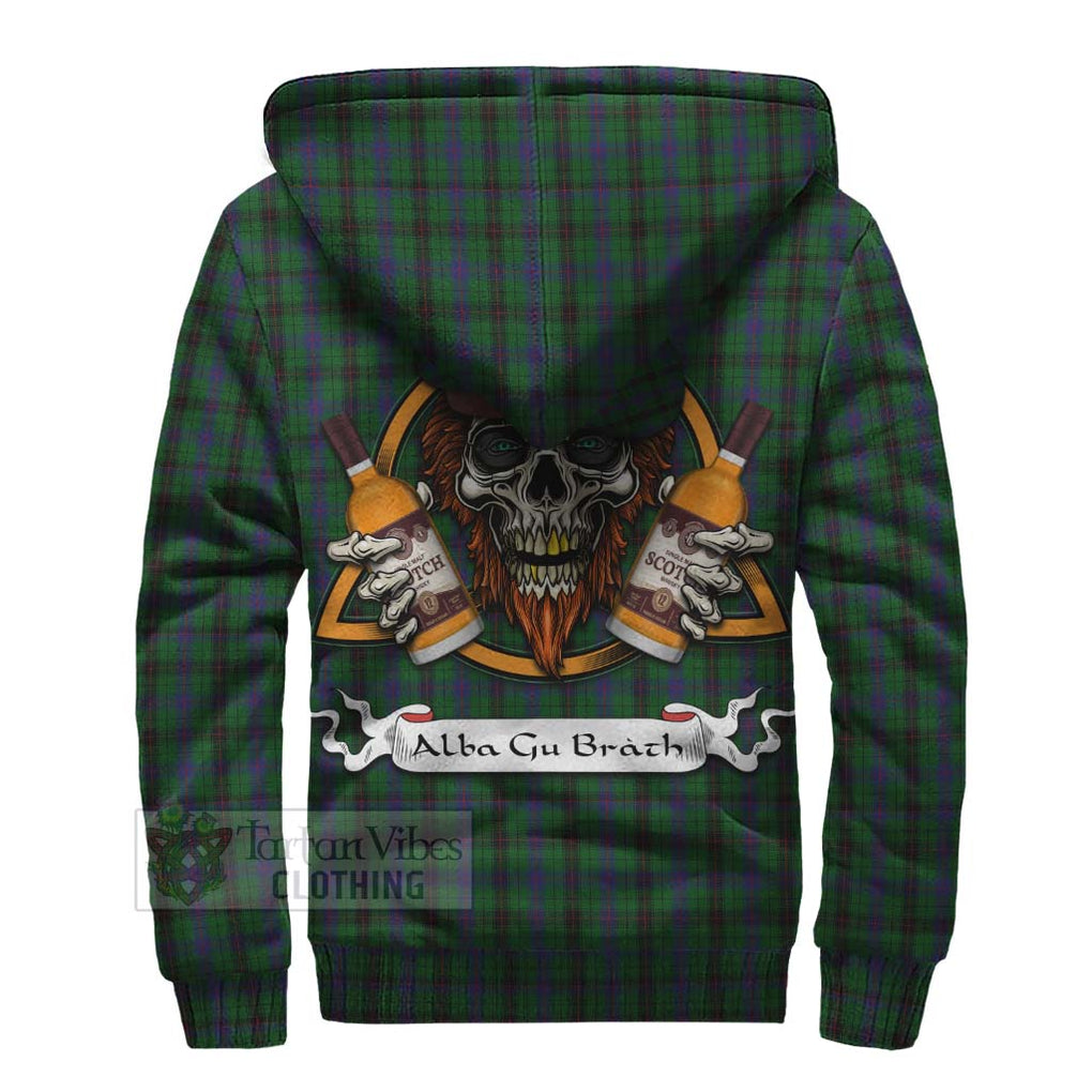 Tartan Vibes Clothing Davidson Tartan Sherpa Hoodie with Family Crest and Bearded Skull Holding Bottles of Whiskey