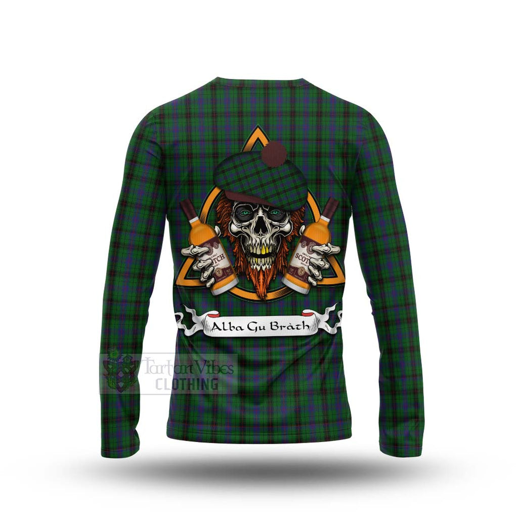 Tartan Vibes Clothing Davidson Tartan Long Sleeve T-Shirt with Family Crest and Bearded Skull Holding Bottles of Whiskey